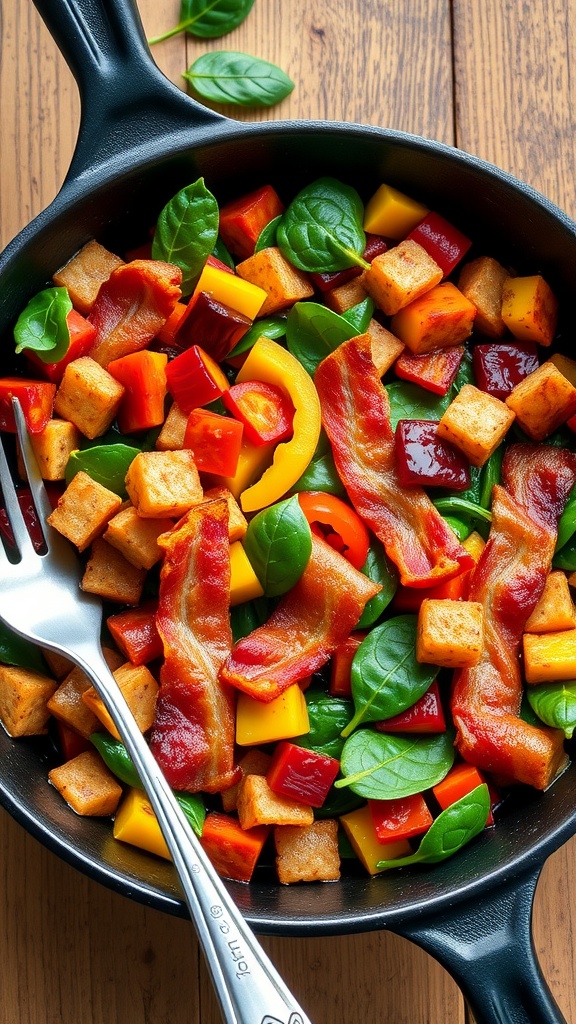 A savory breakfast skillet with crispy bacon, bell peppers, and spinach on a wooden table.